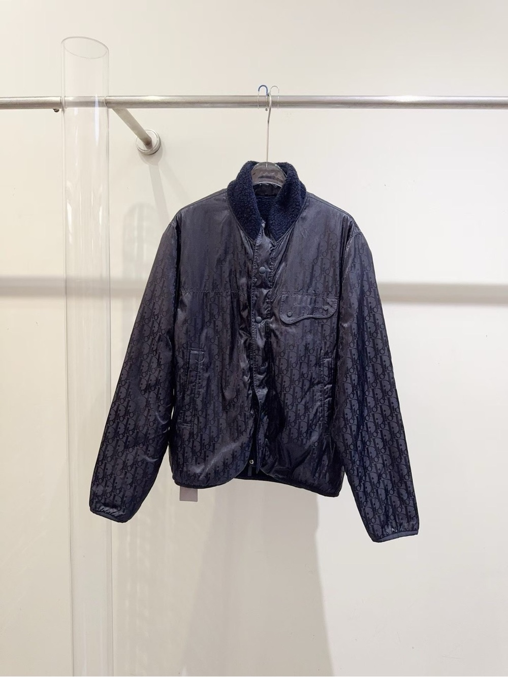 Dior Navy Monogram Bomber Jacket with Sherpa Collar